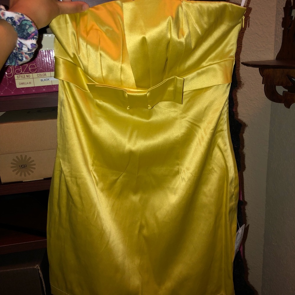 Strapless yellow satin dress